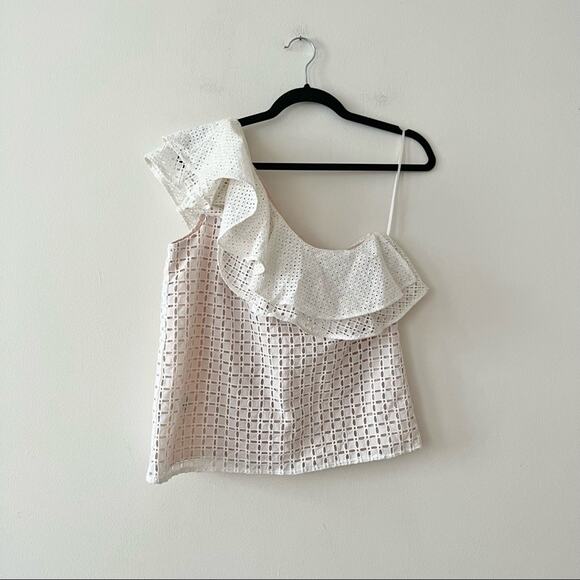 J. Crew White Eyelet One-Shoulder Ruffle Blouse - Picture 3 of 5
